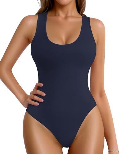 MANGOPOP Tank Top Scoop Neck Bodysuits for Women Sleeveless Racerback Ribbed Basic Bodysuit,M