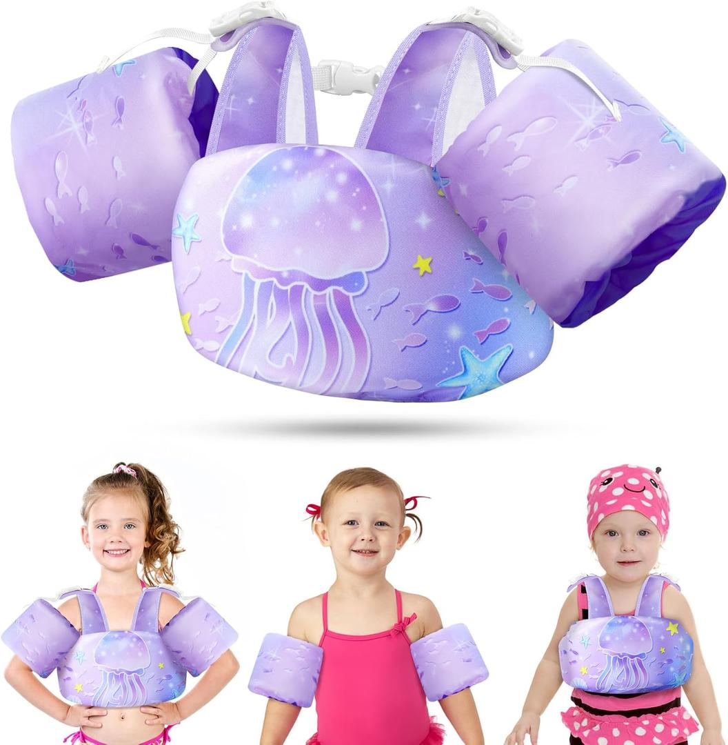 Vvinca Separable Toddler Swim Vest Fit 22-66 Lbs1-6 Years|2025 Newest 3 in 1 Pool Float & Arm Bands Boys and Girls, Adjustable Sturdy Safety for Infant 1 2 3 4 5 6 Year (Jellyfish)