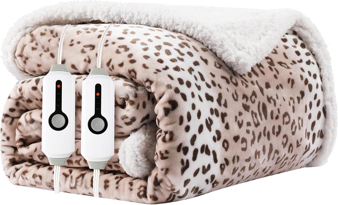 Electric Heated Blanket 84"x90" Queen Size, Dual-Sided Microplush Sherpa for Bedroom Couch Use, 4 Heat Settings & 10 Hours Auto Off, Dual Controller, Machine Washable - Beige Leopard Print