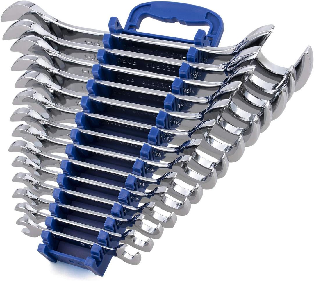 14-Piece Premium Angle Head Open End Wrench Set, Chrome Vanadium Steel | Include Standard Inch Sizes 3/8, 7/16, 1/2, 9/16, 5/8, 11/16, 3/4, 13/16, 7/8, 15/16, 1, 1-1/16, 1-1/8, 1-1/4 with Storage Rack, SAE 14-Piece Set