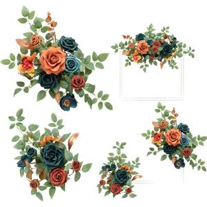 Ling's moment 2pcs Fall Wedding Artificial Floral Swag Welcome Sign Flowers Backdrop Garland Teal & Burnt Orange for Ceremony Reception Door Wall Home Decorations Entryway Outdoor Board Table Decor