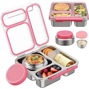Pawtong Stainless Steel Bento Box Kids Adult with 7oz Insulated Food Jar, Transparent Lid Metal Lunch Box With Soup Thermal Jar, Lunch Box Container with Removable Divider & Sauce Cup School (Pink)