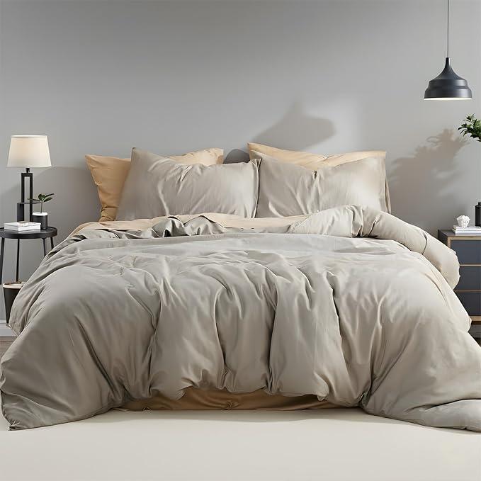 Comforter Set Twin Size – Grey, Linen-Like Texture, Super Soft & Breathable Lightweight Bedding Set, 3-Piece Durable Percale Comforter for All Seasons