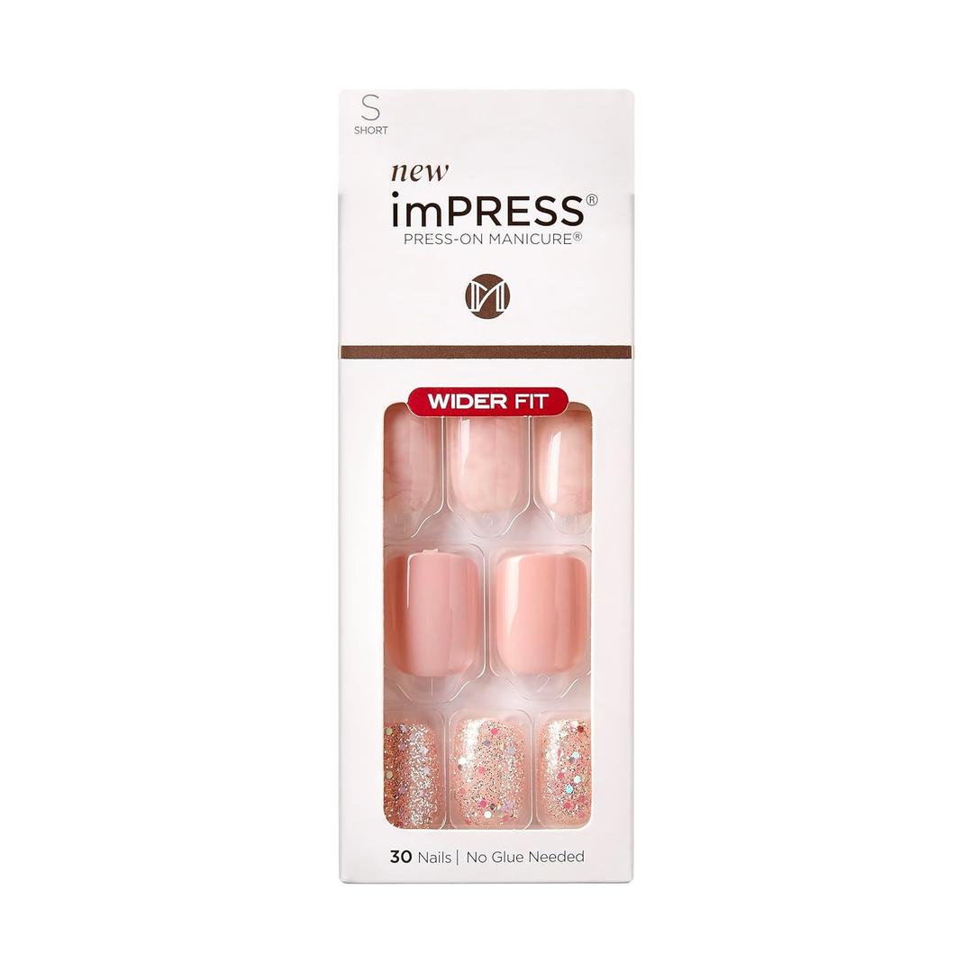 KISS imPRESS No Glue Mani Press On Nails, Design, 'Just a Dream', Pink, Short Size, Squoval Shape, Includes 30 Nails, Prep Pad, Instructions Sheet, 1 Manicure Stick, 1 Mini File (Set of 5)