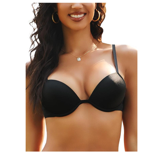 IHOIU Push Up Bra Deep Plunge Thick Padded Add Cup Smooth T Shirt Bras Underwire Demi Low Cut Molded Bralette(Pure Black, 34D)