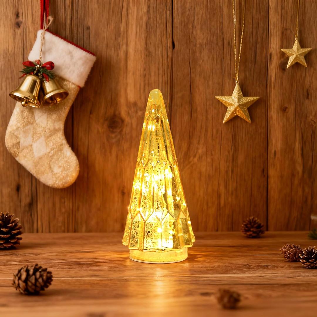 Lighted Glass Christmas Tree Figurine with Timer, Mercury Glass Christmas Decoration Battery Operated for Centerpieces Window Tabletop Mantel(Gold)