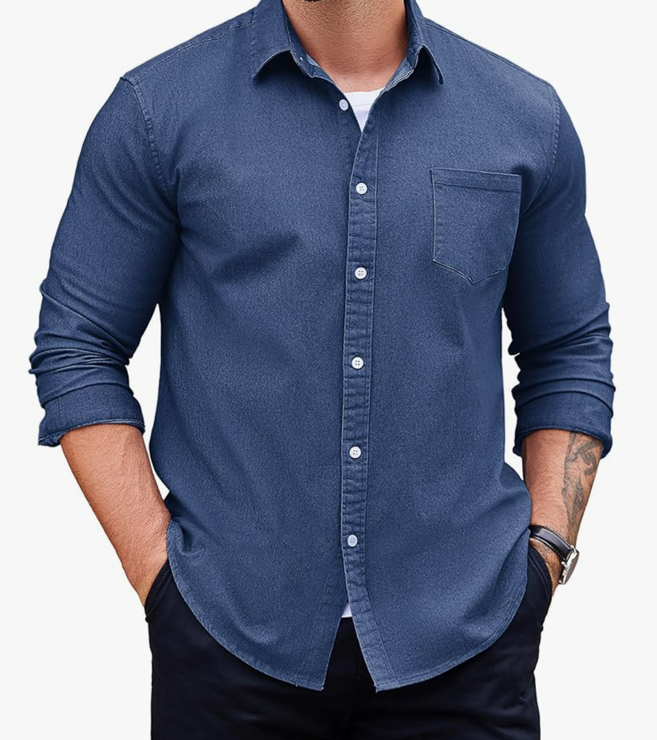 COOFANDY Men's Denim Shirt Long Sleeve Casual Button Down Shirts Western Work Shirt, L