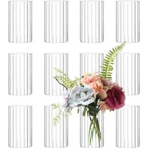 12Pcs Glass Cylinder vases for Centerpieces, 6 Inches Clear Ribbed Bud Vases for Wedding Decorations,Floral Vase Bulk Flower vases,Tall Glass Hurricane Candle Holder for Table Shelf, Party(Ribbed)