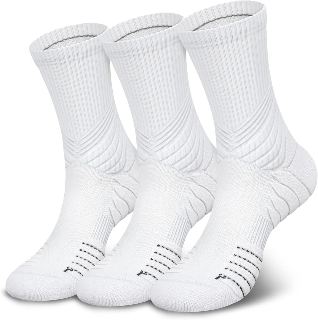 Hylaea Compression Running Socks for men, Coolmax Anti-Blister Cushion Crew Socks for Athletic, Moisture Wicking & Seamless (Large, White 3 Pairs)