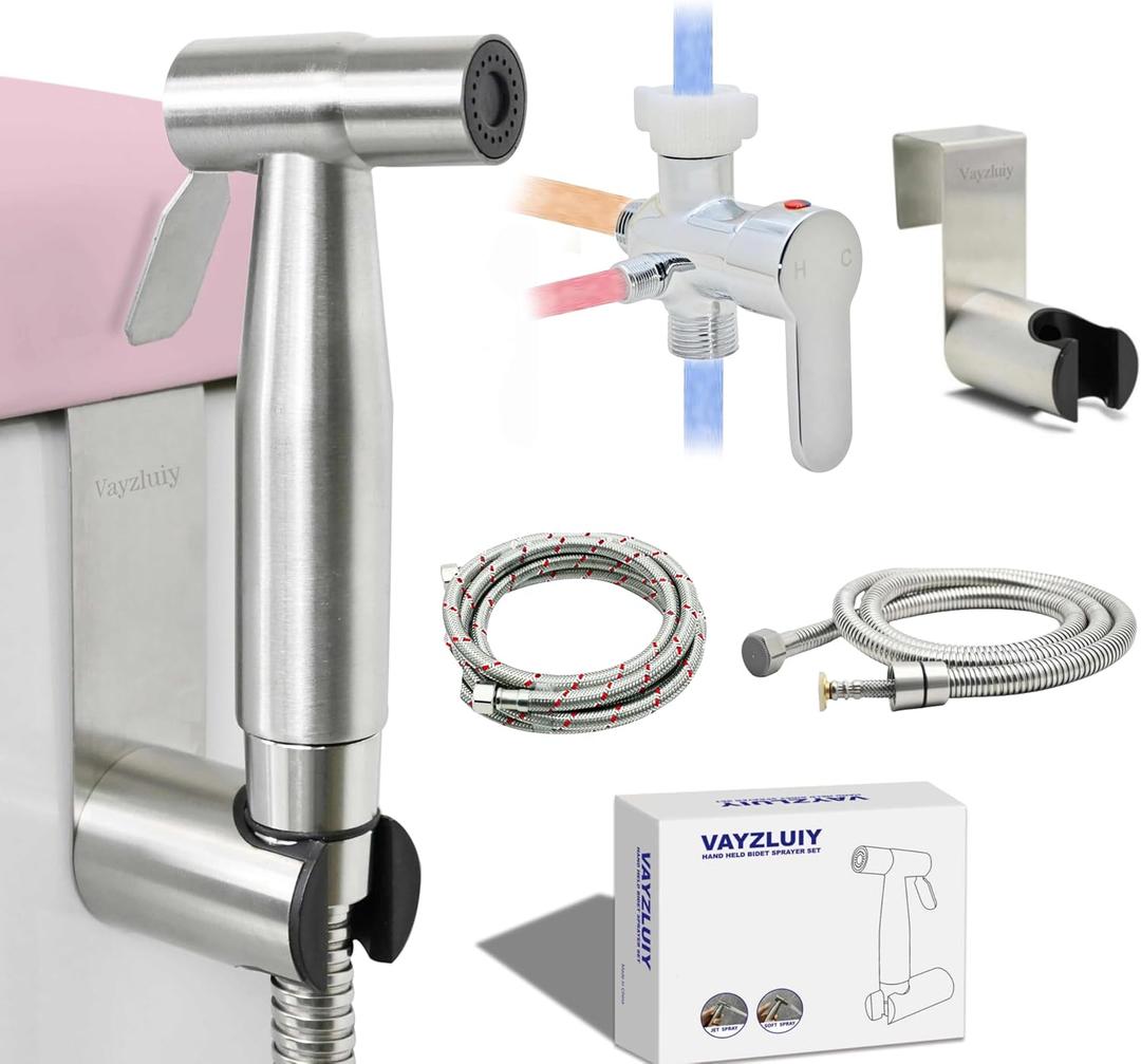 Vayzluiy Handheld Toilet Bidet Sprayer for Toilet-Adjustable Water Pressure Control with Bidet Hose for Feminine Wash, Stainless Steel Brushed Nickel Cloth Diaper for Baby Wash (Warm and Cold)