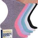 Pembrook Ribbed Knit Bamboo Viscose Diabetic Socks - 6 Pairs Crew Neuropathy Socks for Women | Diabetic Socks for Women (Medium)