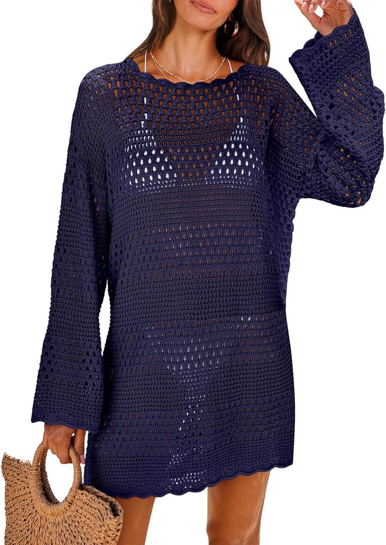 ANRABESS Women Swimsuit Crochet Swim Cover Up 2025 Summer Bathing Suit Swimwear Mesh Knit Beach Dress Vacation Outfits (Large, Navy Blue)