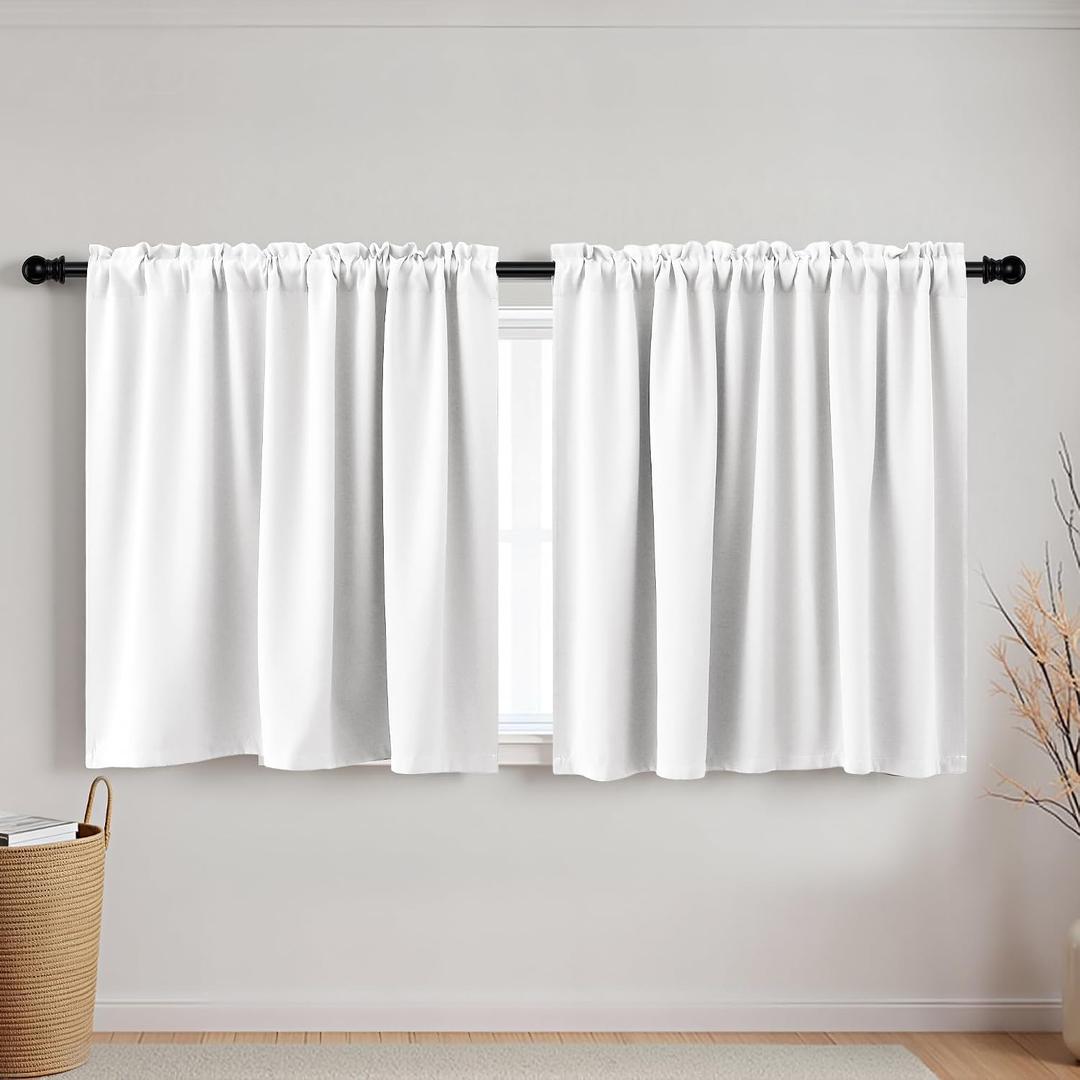 KOUFALL White Rod Pocket Blackout Tier Short Curtains 52x24 Inches Long
