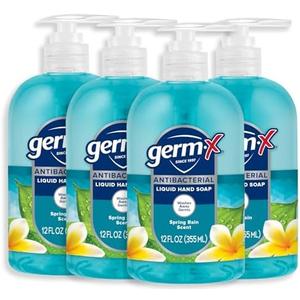 Germ-X Antibacterial Hand Soap, 12 Oz (Pack 4), Moisturizing Liquid Hand Wash for Kitchen or Bathroom, pH Balanced & Dermatologist Tested, Spring Rain Scent, Pump Bottle