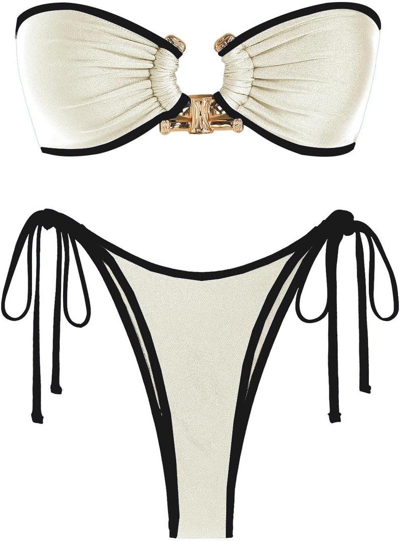 ZAFUL Metal Ring Bandeau Bikini Set Tie Side Bathing Suit High Cut 2 Piece Swimsuit Cutout Swimwear (Small, Beige and Black)