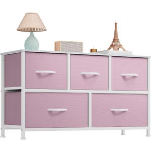 YITAHOME Wide Storage Tower with 5 Drawers - Fabric Dresser, Organizer Unit for Bedroom, Living Room, Closets (A-pink)