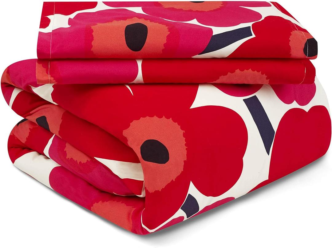 MARIMEKKO - Queen Duvet Cover Set, Cotton Bedding with Matching Shams & Botton Closure, All Season Home Decor (Unikko Red, Queen)