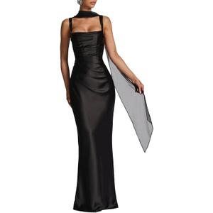 ABYOVRT Women Wedding Guest Dress Satin Corset Top Elegant Maxi Dresses with Sheer Scarf Evening Gown (Medium, Black)