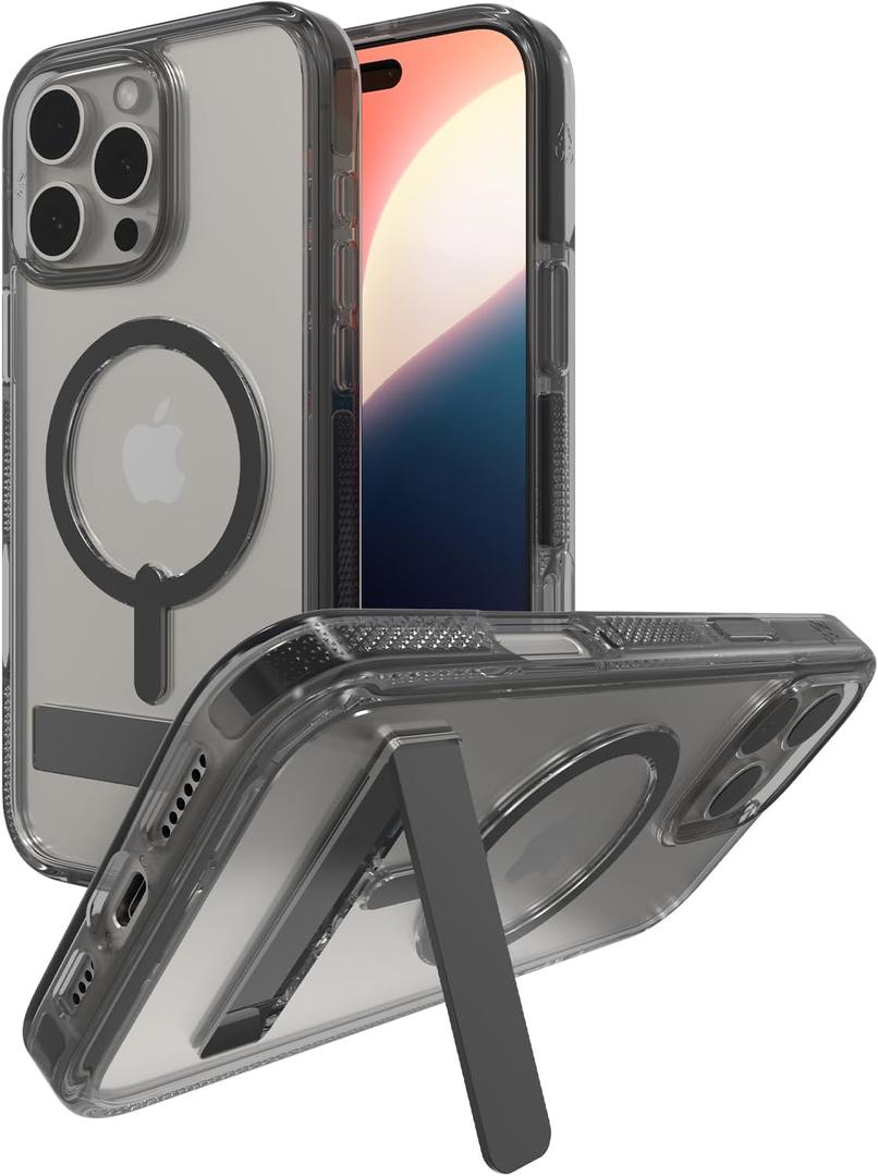ZAGG Santa Cruz Snap with Kickstand Case for iPhone 16 Pro Max  MagSafe Compatible, 13ft Military-Grade Drop Protection, Reinforced with Graphene, Clear Case with Vibrant Color Accents, Black