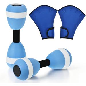 4 Pcs Water Aerobics Set for Aquatic Exercise Includes 2 Foam Dumbbells and 1 Pair of Swimming Aquatic Gloves Pool Resistance Fitness Weights Equipment for Training Water Workout, Blue