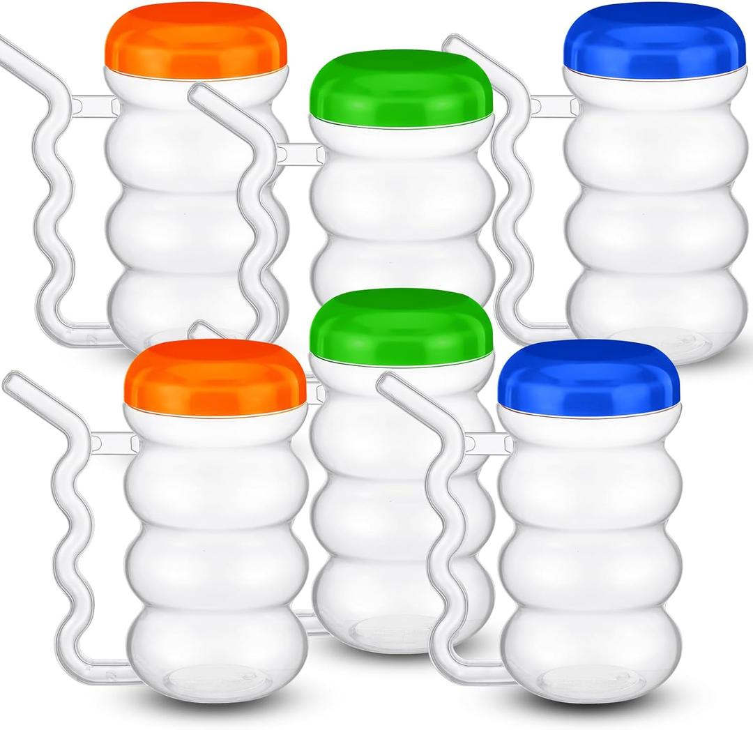 FoldTier 6 Pcs Sip a Mug 14 oz Easy to Grip Plastic Kid's Cup Where the Handle Is the Straw Clear Sippy Cups Spill Proof Mug for Everyday Use for Kids Elderly Disabled and Handicapped, 3 Colors Lid