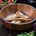 Sully Home 12" Acacia Wood Salad Bowl with Serving Spoons, 3 Pieces