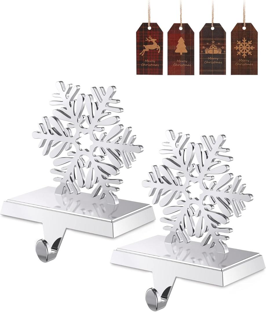 Jetika Christmas Stocking Holders for Mantle Set of 2, Snowflake Stocking Hanger for Mantel Weighted Heavy Metal Stocking Hook Stand for Fireplace Christmas Decorations Indoor Holiday Decor, 2-Pack