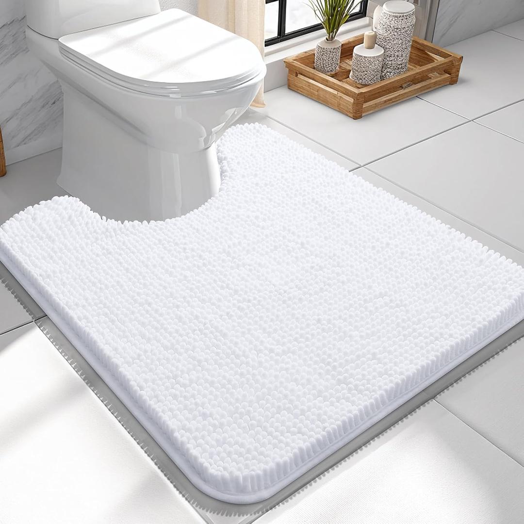 OLANLY Toilet Rugs U-Shaped 24x24, Extra Soft Absorbent Chenille Contour Bathroom Rugs for Toilet, Dry Quickly, Machine Washable, Non-Slip Bath Mat, White (24" x 24" Contour Rug, White)