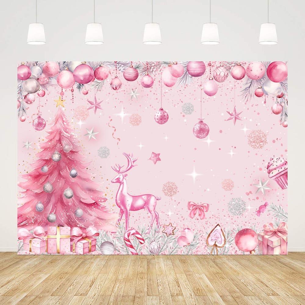 7x5ft Pink Merry Christmas Backdrop for Photography Pink Happy Birthday Happy New Years Background Supplies Christmas Trees Coloured Ribbon Deer Decorations Banner Photo Props