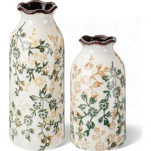 2 Pcs Green Vintage Vase Ceramic Rustic Crackle Floral Vase for Farmhouse Retro Home Bookshelf Living Room Table Centerpiece Decor (Middle and Small)