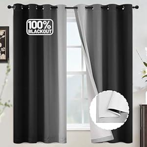 COSVIYA 100% Blackout Black Ombre Curtains for Bedroom with White Back, 2 Thick Layers Thermal Insulated Room Darkening Grommet Window Panels, 52x63 Inch, 2 Panels