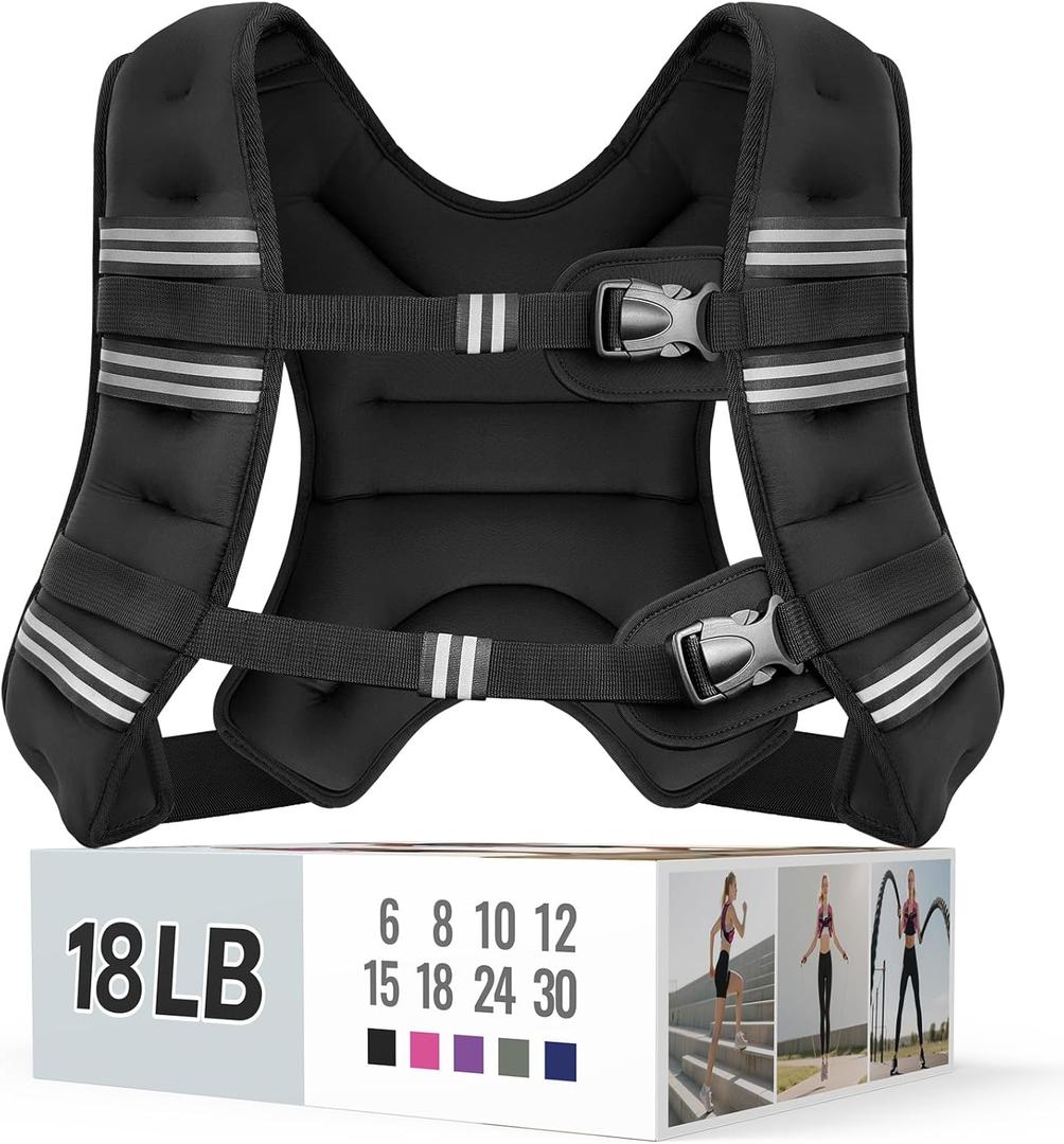 Weighted Vest for Women & Men with Reflective Stripe and Adjustable Buckle, Comfortable & Durable Rucking Vest for Walking, Running & Strength Training (18 lb, Black)