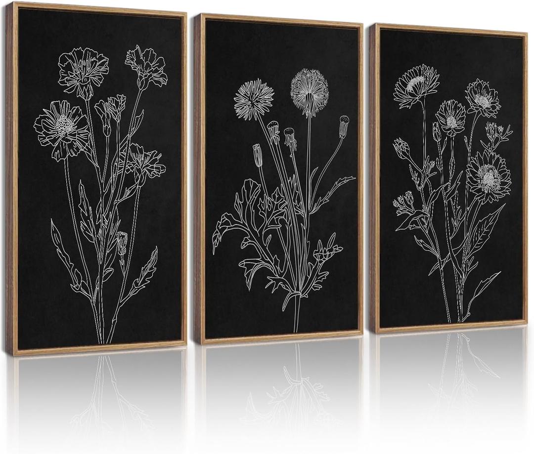 Drsoum Black White Flower Wall Art Vintage Minimalist Floral Wall Hanging Decor Bohemain Botanical Prints Artwork for Bedroom Living Room Hallway 16x24in Natural Framed