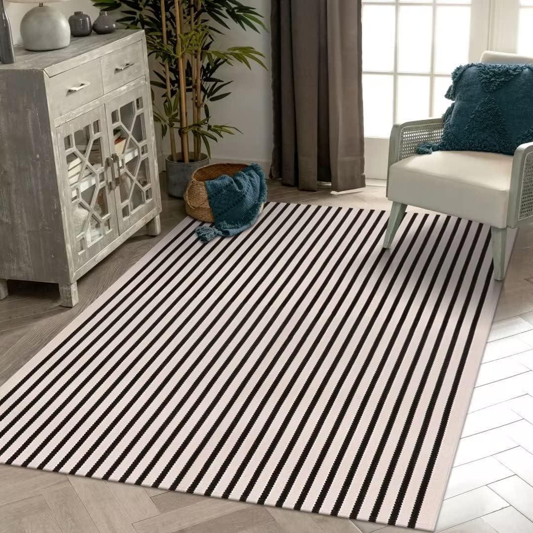 LEEVAN Washable Area Rug - 5'x8' Living Room & Bedroom Rug - Black & White Striped for Kitchen, Dining Room, Playroom, Mudroom, Entryway (5' x 7'10" (Rectangular))