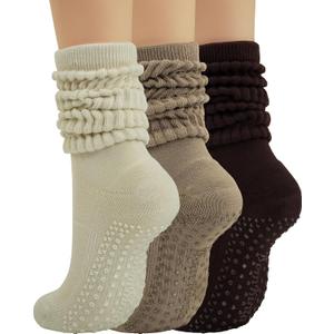 BomKinta Pilates Socks with Grips for Women - Yoga Grippy Slouch Scrunch Sock - Slipper Socks for Barre Workout Hospital (5-11, 3 Pairs - Beige Coffee Brown)