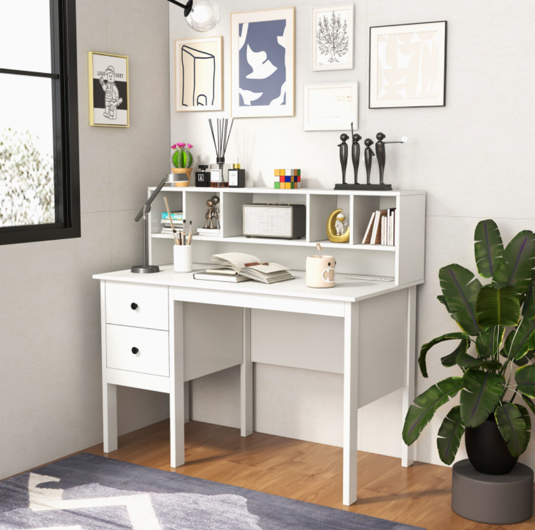 48 Inch Computer Desk with Drawers Power Outlets and 5-Cubby Hutch-White, CB10530US-WH