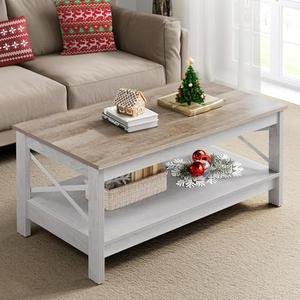 YITAHOME Coffee Tables for Living Room, Modern Farmhouse Coffee Table with Storage, 2-Tier Center Table Wood Living Room Table Accent Cocktail with Sturdy Frame, Grey Wash