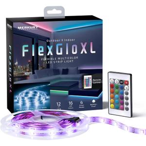 Merkury Innovations FlexGlo Flexible Multi-Colored LED Light Strips, RGBW LED Party Lights with Adhesive Backing and Remote Control. Outdoor and Indoor Strip Lights with Adhesive Tape, 12 ft
