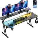 63 Inch Smart Gaming Desk, Gamer Computer Desk with Phone-Controlled LED Lights & Mouse Pad, Power Outlet, Monitor Stand, Side Hook, Ergonomic Work Desks for Home Office, Carbon Fiber Black