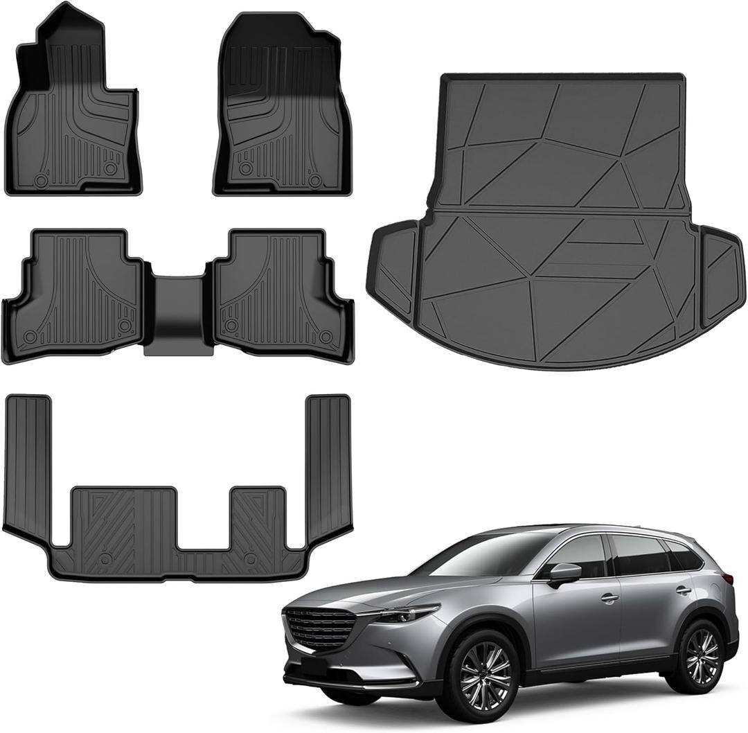 Automotive Floor Mats & Cargo Liners Trunk Set Compatible with 2023 2022 2021 2020 2019-2016 Mazda CX-9(Fit 7 Seats), All Weather Car Accessories Floor Liner 1st and 2nd Row Car Mat Black.