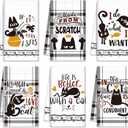 Redbaker 6 Pcs Black Cat Theme Kitchen Towels Funny Dish Towel Black White Kitchen Hand Dishcloth Kitty Decorative Tea Dishcloth with Hanging Loop for Cat Lover Bathroom Home Housewarming Gift