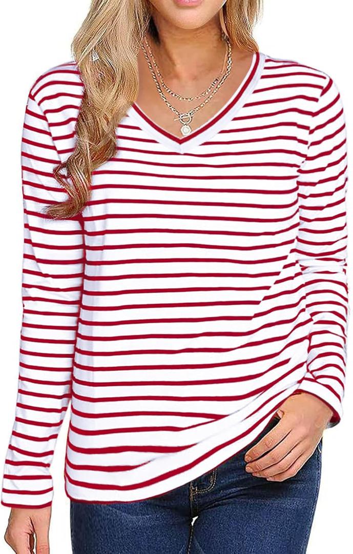 LilyCoco Womens Breton Striped Shirt V Neck Long Sleeve Top Casual Loose Fit Tee Red and White 3X-Large