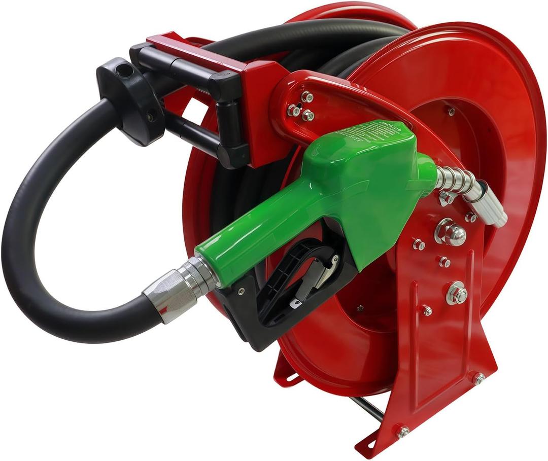 3/4 Inch Fuel Hose Reel,3/4"X33' Retractable Ratchet Spring Driven Diesel Hose Reel,360 Rotating Fuel Hose Swivel,AUTO Fuel Nozzle,SS304 Elbow Pipe,Barb Fitting,300 PSI,1"NPT Inlet,3/4" Outlet
