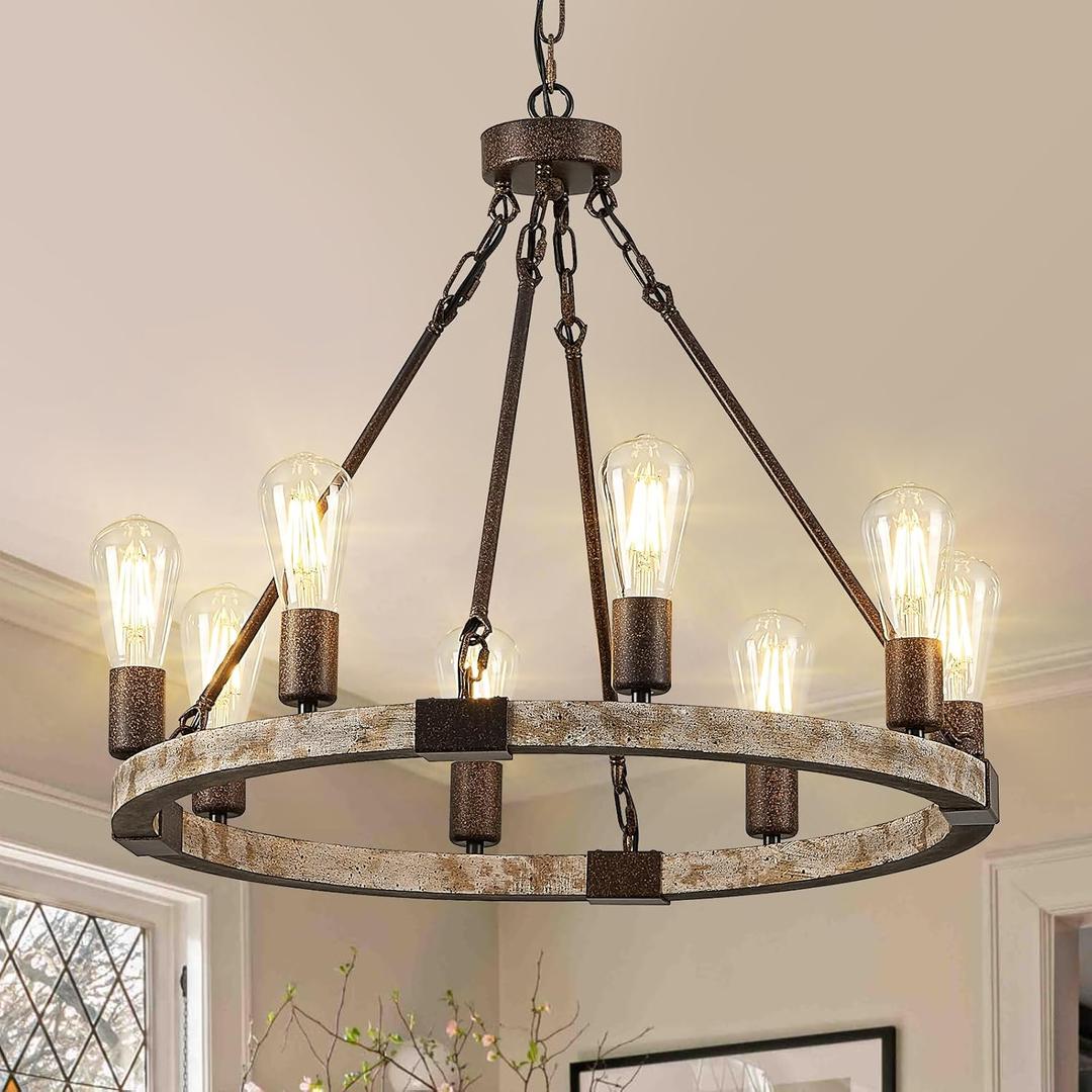 Farmhouse Wagon Wheel Chandelier 23.6" Wooden Chandelier Light Fixture 8-Light Rustic Chandeliers for Dining Room Living Room Entryway Foyer