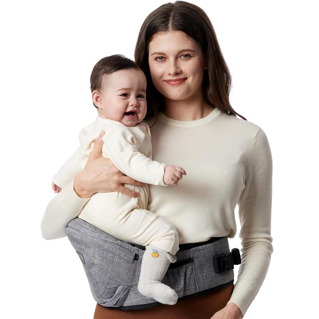 Momcozy Hip Seat Baby Carrier - Adjustable Waistband with Original 3D Belly Protector, Ergonomic Carrier with Various Pockets for Toddlers up to 45lbs (Grey, Medium 27-45IN)