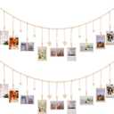 Hanging Photo Display Room Wall Decor, Boho Collage Picture Frame Christmas Cards Holder, Photo Hanger with 9 Wood Clips and 6 Wooden Hearts Tags for Home, Bedroom, Office, Nursery, Dorm Decor, 2 Pack