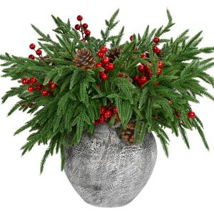 12 Pcs Artificial Norfolk Pine Stems, 17.7 Inches Realistic Touch Norfolk Branch with 24 Big Pinecones and 24 Red Berry Picks Christmas Faux Greenery Faux Sprigs for Xmas Indoor Outdoor Home Dcor