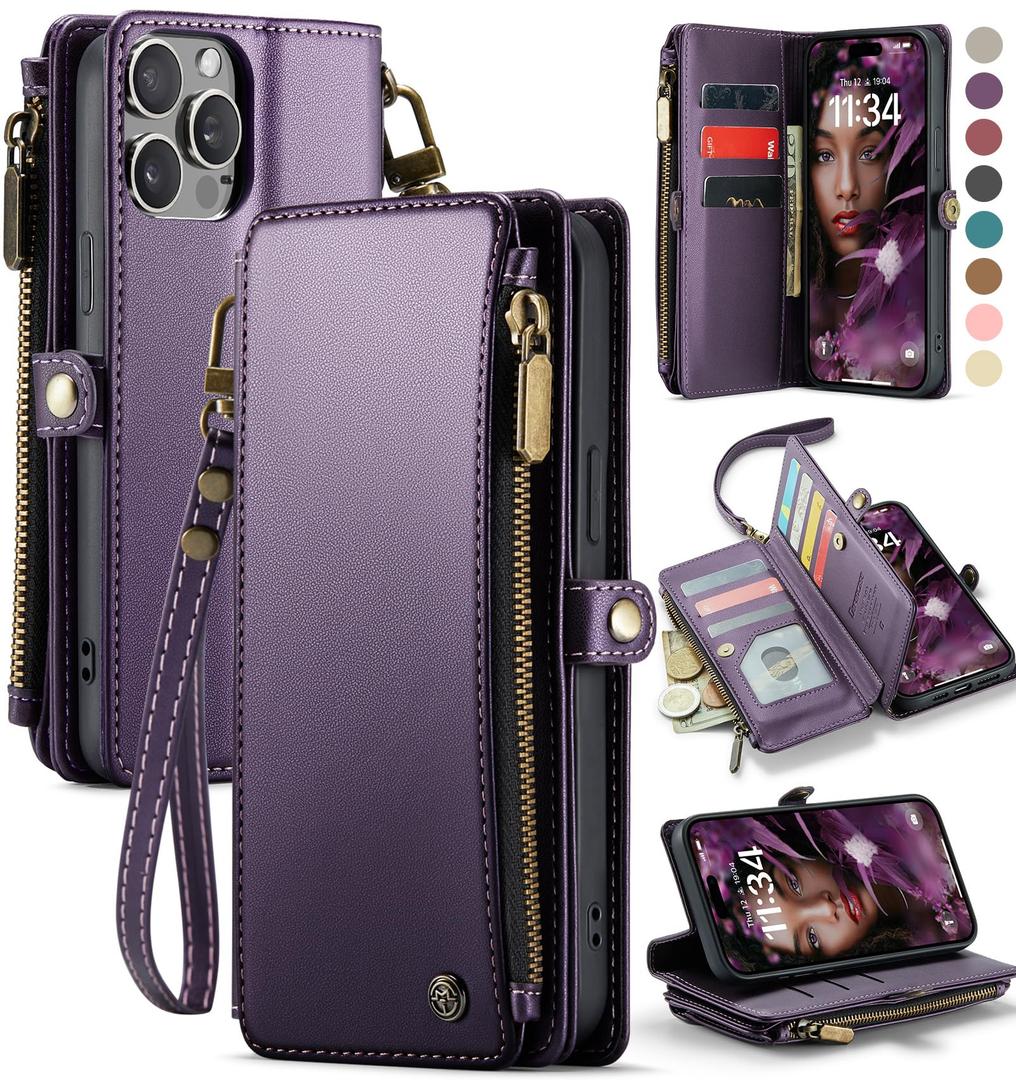 Defencase Compatible with iPhone 14 Case Wallet with RFID Blocking Card Holder for Women and Men, Fashion PU Leather Magnetic Snap Flip Zipper Strap Wallet Phone Case Fit for iPhone 14 6.1", Purple