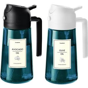 TrendPlain 16oz/470ml Blue Glass Olive Oil Sprayer for Cooking - 2 in 1 Olive Oil Dispenser for Kitchen Gadgets, Air Fryer, Salad, and BBQ - Black & White