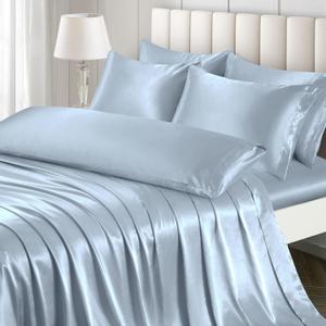 Ersmak 7 Pieces Satin Sheets Set Queen Size, Luxury Silky Light Blue Satin Bed Sheets Set with 1 Deep Pocket Fitted Sheet, 1 Soft Flat Sheet, 4 Queen Pillowcases and 1 Body Pillowcase